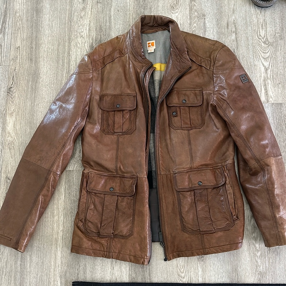 Hugo boss brown leather jacket fleece lined slim fit